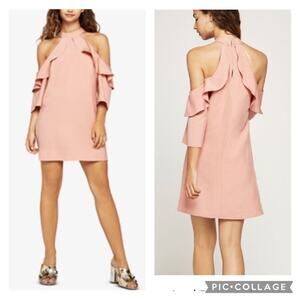 BCBGENERATION COLD SHOULDER HIGH NECK HALTER RUFFLED MINI DRESS size xs